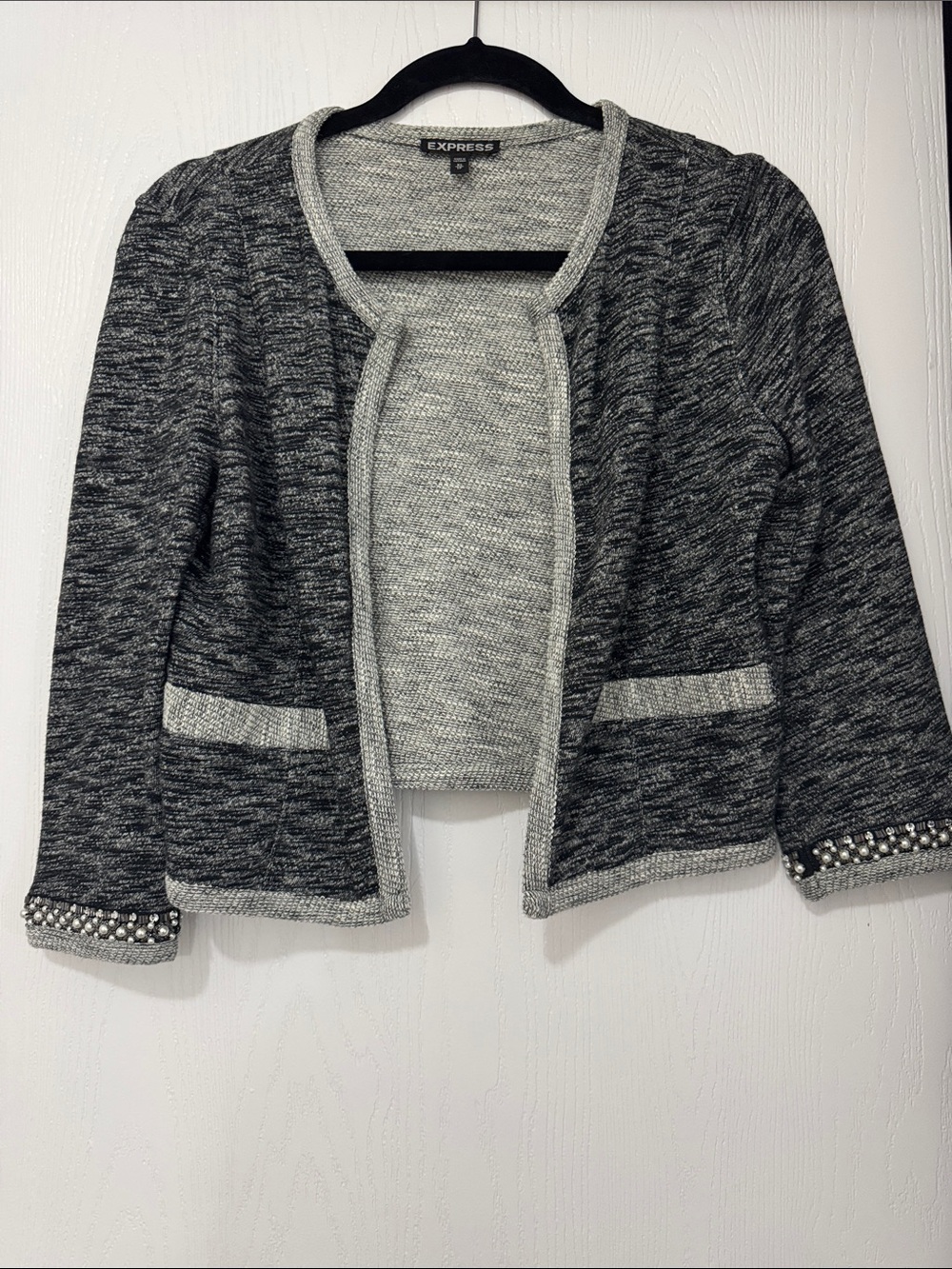 Express Black & Gray Knit Open-Front Blazer Cardigan with Embellished Cuffs